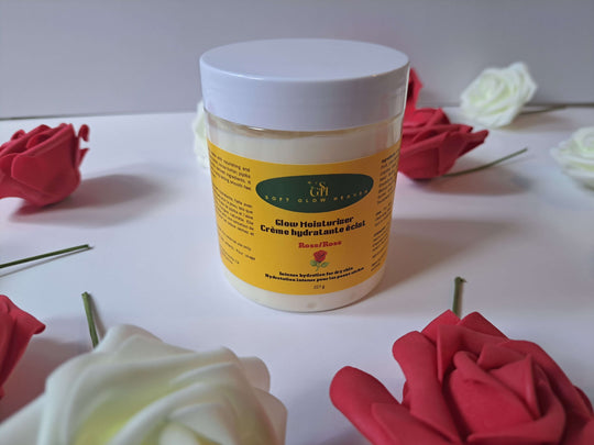 Hydrating skin cream with shea butter Glow Moisturizer Hydrating jar surrounded by red and white roses.