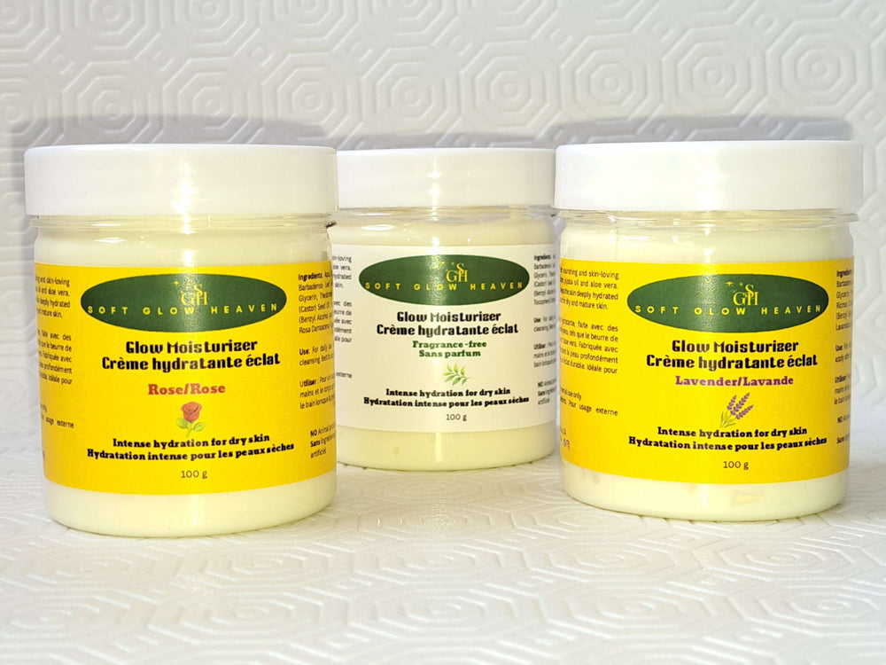 Hydrating skin cream with shea butter in clear jars, showcasing Glow Moisturizer Hydrating with rose and lavender scents.