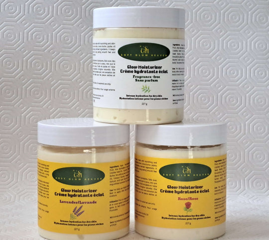 Hydrating skin cream with shea butter in three jars, featuring lavender and rose scents, promoting healthy, glowing skin.