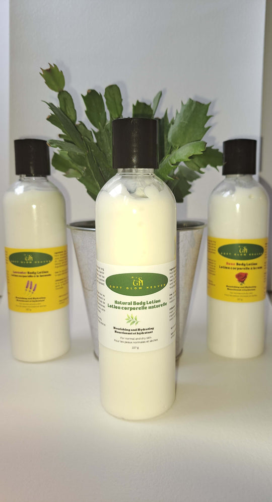 Natural Body Lotion Radiant Glow displayed in bottles with a plant backdrop, promoting hydration and nourishment for skin.