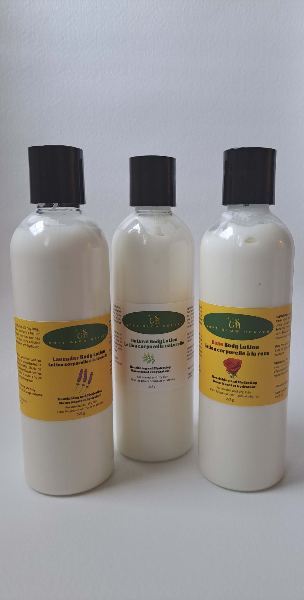 Natural Body Lotion Radiant Glow moisturizing bottles on plant background